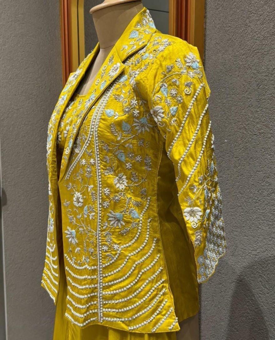 YELLOW - Pure Dola Silk Ready To Wear Blouse With Attached Lining And Beautiful Resham Thread Foil Zari Sequence Cutdana And Pearl Work